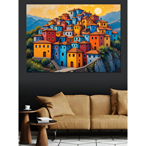 Renkli Sahil Evleri Manzarası Dekoratif Kanvas - Mdf Ahşap Tablo 35x50 cm