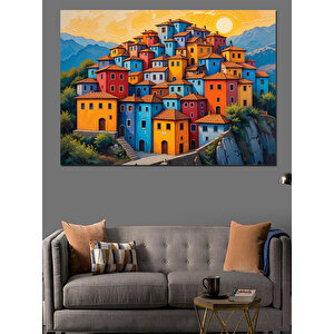 Renkli Sahil Evleri Manzarası Dekoratif Kanvas - Mdf Ahşap Tablo 35x50 cm