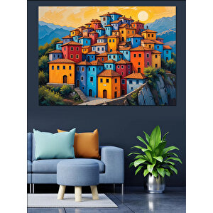 Renkli Sahil Evleri Manzarası Dekoratif Kanvas - Mdf Ahşap Tablo 50x70 cm