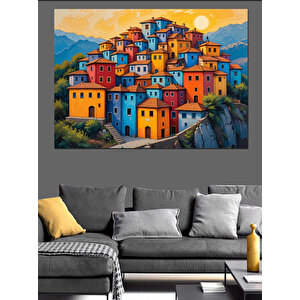 Renkli Sahil Evleri Manzarası Dekoratif Kanvas - Mdf Ahşap Tablo