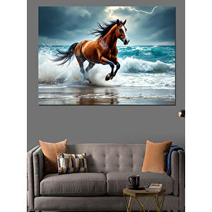 Dalgalarla Koşan Kahverengi At Dekoratif Kanvas - Mdf Ahşap Tablo 100x140 cm