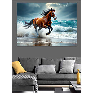 Dalgalarla Koşan Kahverengi At Dekoratif Kanvas - Mdf Ahşap Tablo 100x140 cm