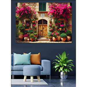Begonvilli Taş Ev Önü Dekoratif Kanvas - Mdf Ahşap Tablo 25x35 cm