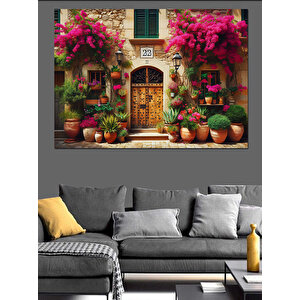 Begonvilli Taş Ev Önü Dekoratif Kanvas - Mdf Ahşap Tablo