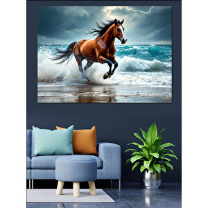 Dalgalarla Koşan Kahverengi At Dekoratif Kanvas - Mdf Ahşap Tablo