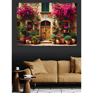 Begonvilli Taş Ev Önü Dekoratif Kanvas - Mdf Ahşap Tablo 70x100 cm