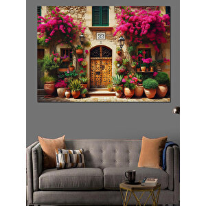 Begonvilli Taş Ev Önü Dekoratif Kanvas - Mdf Ahşap Tablo 70x100 cm