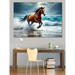 Dalgalarla Koşan Kahverengi At Dekoratif Kanvas - Mdf Ahşap Tablo 70x100 cm