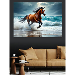 Dalgalarla Koşan Kahverengi At Dekoratif Kanvas - Mdf Ahşap Tablo