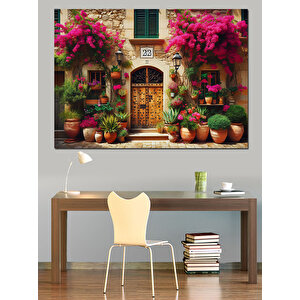 Begonvilli Taş Ev Önü Dekoratif Kanvas - Mdf Ahşap Tablo