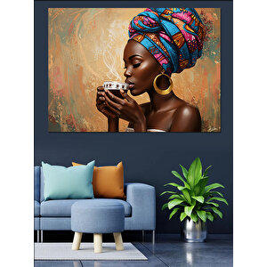 Kahve İçen Afrikalı Kadın Dekoratif Kanvas - Mdf Ahşap Tablo