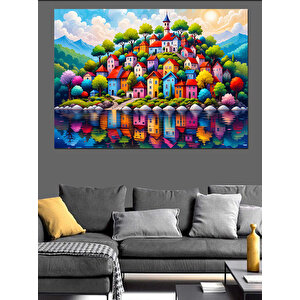 Renkli Masalsı Evler Tepesi Dekoratif Kanvas - Mdf Ahşap Tablo 70x100 cm