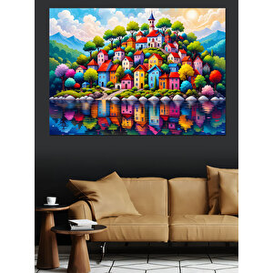 Renkli Masalsı Evler Tepesi Dekoratif Kanvas - Mdf Ahşap Tablo 70x100 cm