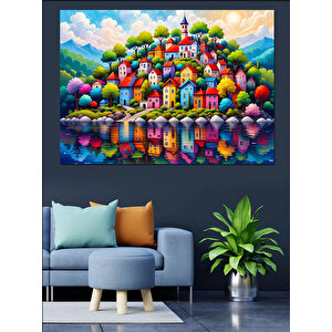 Renkli Masalsı Evler Tepesi Dekoratif Kanvas - Mdf Ahşap Tablo 70x100 cm