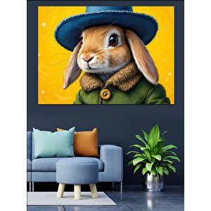 Şapkalı Sevimli Tavşan Dekoratif Kanvas - Mdf Ahşap Tablo 35x50 cm