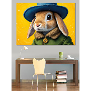 Şapkalı Sevimli Tavşan Dekoratif Kanvas - Mdf Ahşap Tablo