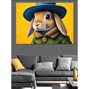 Şapkalı Sevimli Tavşan Dekoratif Kanvas - Mdf Ahşap Tablo 70x100 cm