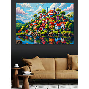 Renkli Masalsı Evler Dekoratif Kanvas - Mdf Ahşap Tablo 50x70 cm