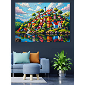 Renkli Masalsı Evler Dekoratif Kanvas - Mdf Ahşap Tablo 50x70 cm