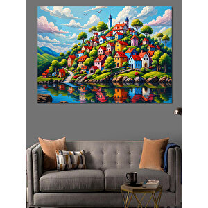 Renkli Masalsı Evler Dekoratif Kanvas - Mdf Ahşap Tablo 50x70 cm