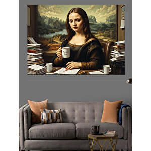Kahve İçen Mona Lisa Dekoratif Kanvas - Mdf Ahşap Tablo 35x50 cm