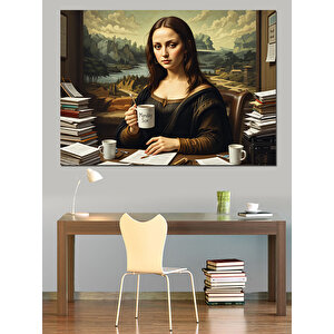 Kahve İçen Mona Lisa Dekoratif Kanvas - Mdf Ahşap Tablo 35x50 cm
