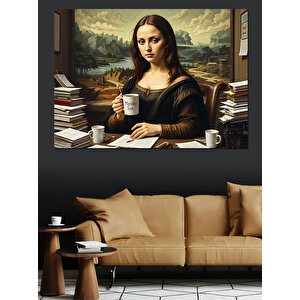 Kahve İçen Mona Lisa Dekoratif Kanvas - Mdf Ahşap Tablo