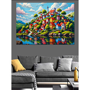 Renkli Masalsı Evler Dekoratif Kanvas - Mdf Ahşap Tablo