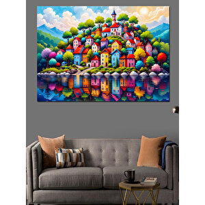 Renkli Masalsı Evler Tepesi Dekoratif Kanvas - Mdf Ahşap Tablo