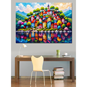 Renkli Masalsı Evler Tepesi Dekoratif Kanvas - Mdf Ahşap Tablo