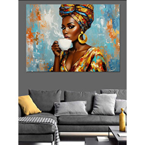 Kahve İçen Afrikalı Kadın Dekoratif Kanvas - Mdf Ahşap Tablo