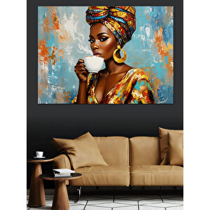 Kahve İçen Afrikalı Kadın Dekoratif Kanvas - Mdf Ahşap Tablo