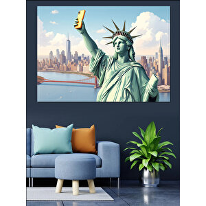 Özgürlük Heykeli Ve Şehir Dekoratif Kanvas - Mdf Ahşap Tablo 50x70 cm