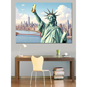 Özgürlük Heykeli Ve Şehir Dekoratif Kanvas - Mdf Ahşap Tablo
