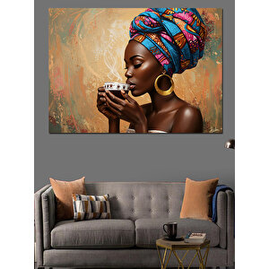 Kahve İçen Afrikalı Kadın Dekoratif Kanvas - Mdf Ahşap Tablo 100x140 cm