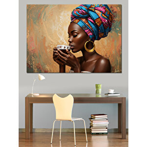 Kahve İçen Afrikalı Kadın Dekoratif Kanvas - Mdf Ahşap Tablo 100x140 cm