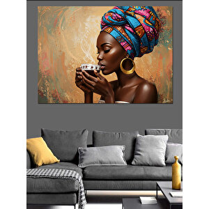 Kahve İçen Afrikalı Kadın Dekoratif Kanvas - Mdf Ahşap Tablo 100x140 cm