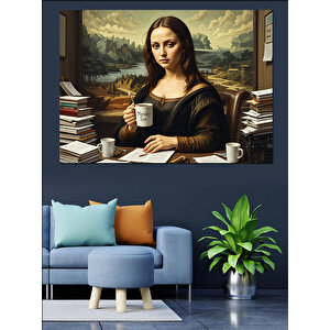Kahve İçen Mona Lisa Dekoratif Kanvas - Mdf Ahşap Tablo 25x35 cm