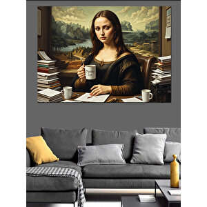 Kahve İçen Mona Lisa Dekoratif Kanvas - Mdf Ahşap Tablo