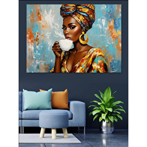 Kahve İçen Afrikalı Kadın Dekoratif Kanvas - Mdf Ahşap Tablo 70x100 cm