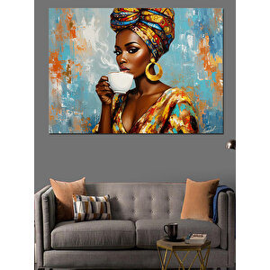 Kahve İçen Afrikalı Kadın Dekoratif Kanvas - Mdf Ahşap Tablo 70x100 cm