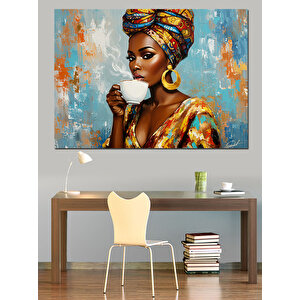 Kahve İçen Afrikalı Kadın Dekoratif Kanvas - Mdf Ahşap Tablo 70x100 cm