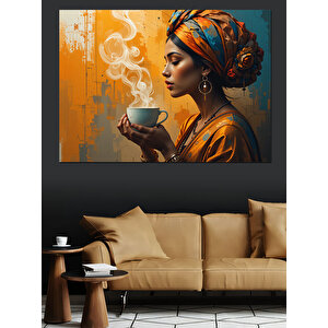 Kahve İçen Afrikalı Kadın Dekoratif Kanvas - Mdf Ahşap Tablo 25x35 cm