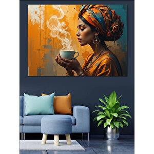 Kahve İçen Afrikalı Kadın Dekoratif Kanvas - Mdf Ahşap Tablo 25x35 cm