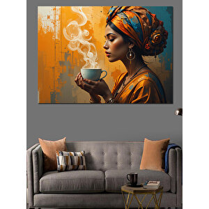 Kahve İçen Afrikalı Kadın Dekoratif Kanvas - Mdf Ahşap Tablo 25x35 cm
