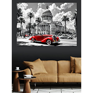 Kırmızı Klasik Araba Şehirde Dekoratif Kanvas - Mdf Ahşap Tablo 25x35 cm
