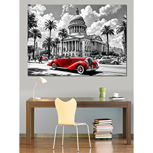 Kırmızı Klasik Araba Şehirde Dekoratif Kanvas - Mdf Ahşap Tablo