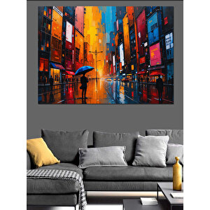 Yağmurlu Şehir Silüeti Dekoratif Kanvas - Mdf Ahşap Tablo 70x100 cm