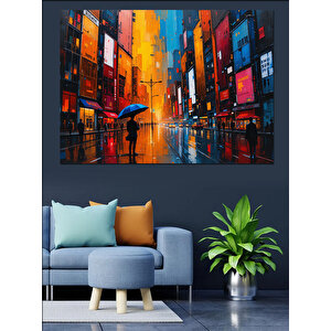 Yağmurlu Şehir Silüeti Dekoratif Kanvas - Mdf Ahşap Tablo