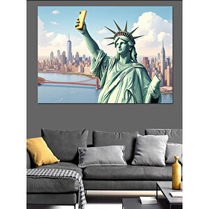 Özgürlük Heykeli Ve Şehir Dekoratif Kanvas - Mdf Ahşap Tablo 100x140 cm